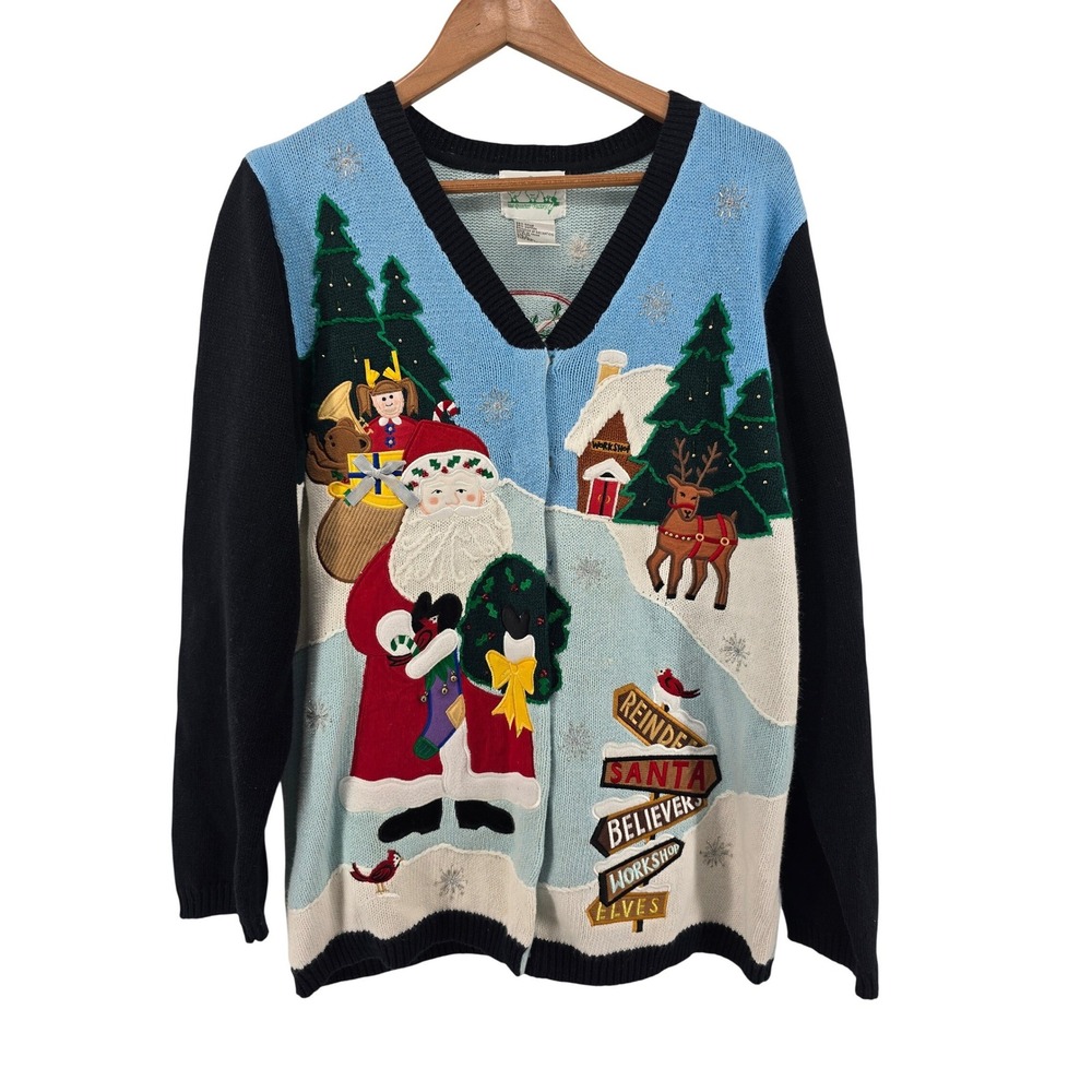 The Quacker Factory Cardigan Women L Blue Christmas Santa Reindeer Zip Sweater